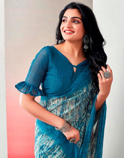 Teal Blue Chiffon Printed  Saree