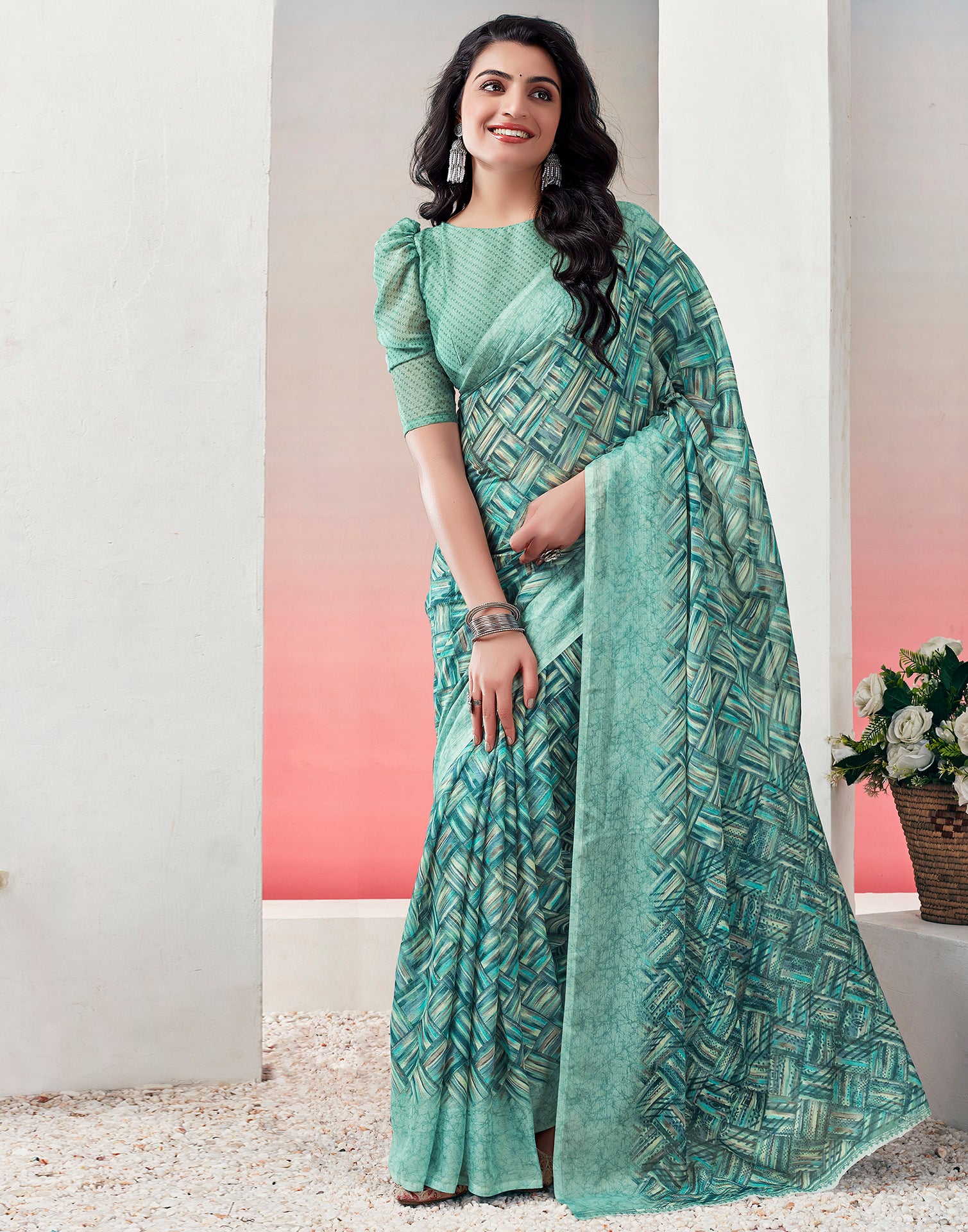 Mint Green Chiffon Printed Saree