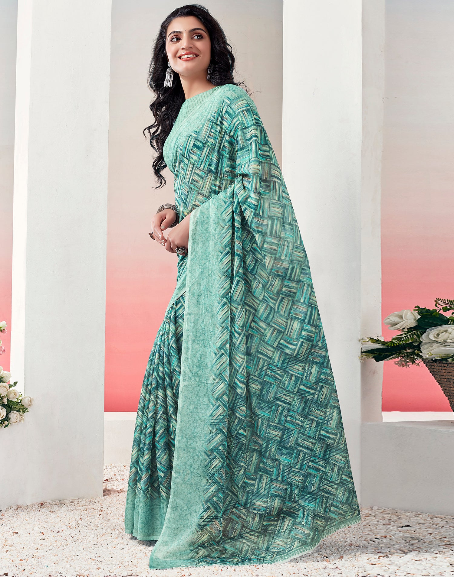 Mint Green Chiffon Printed Saree