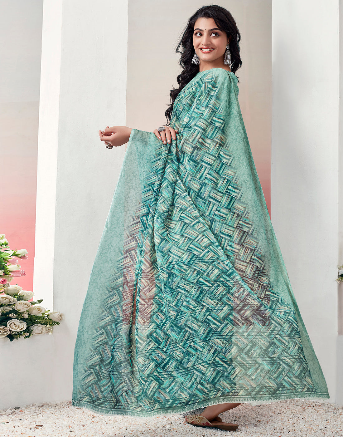 Mint Green Chiffon Printed Saree