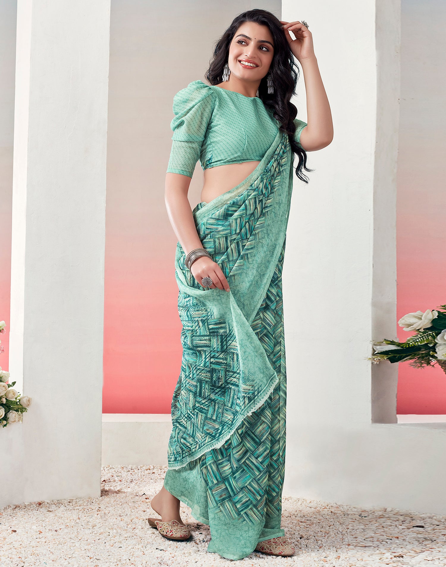 Mint Green Chiffon Printed Saree