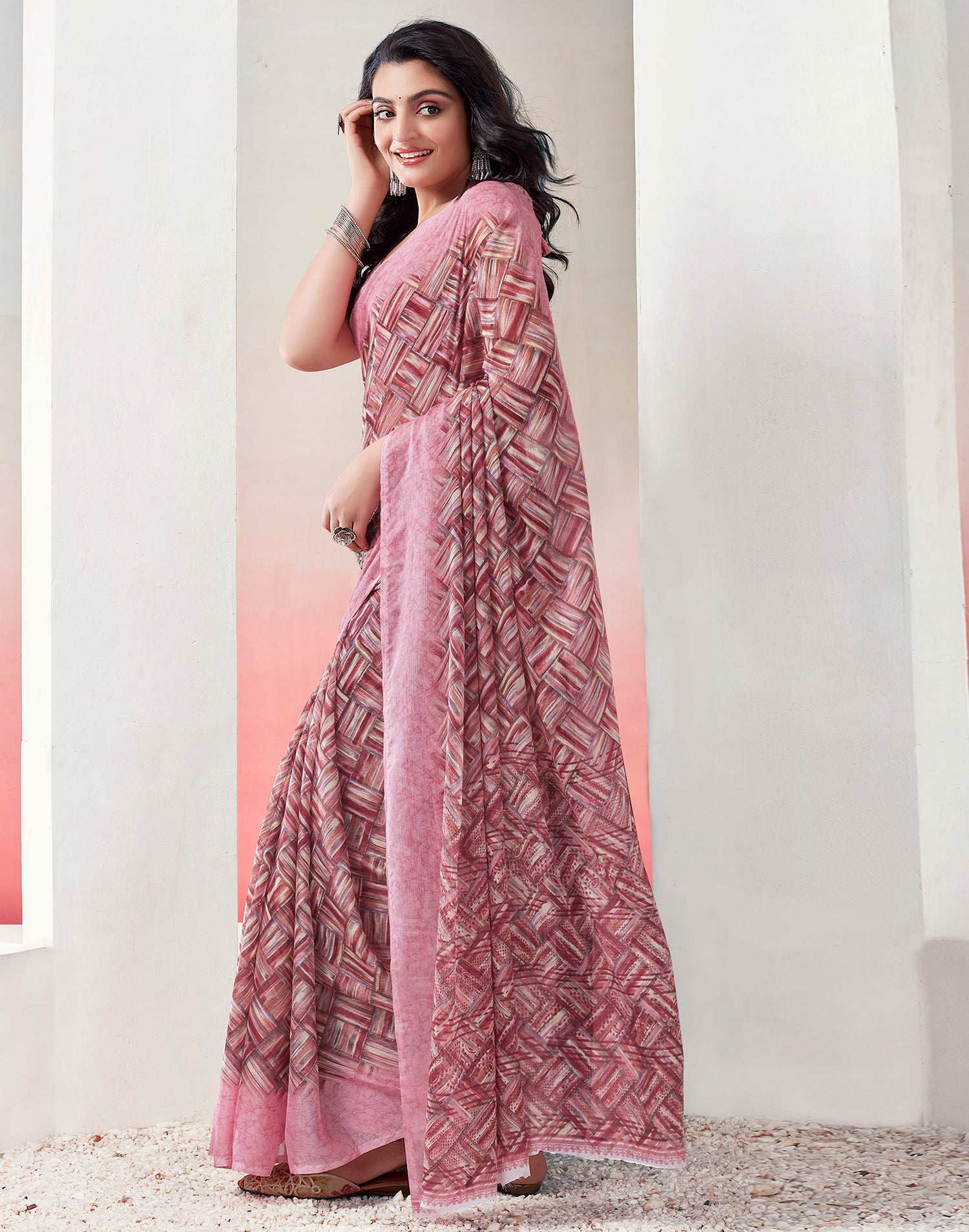 Light Pink Chiffon Printed Saree