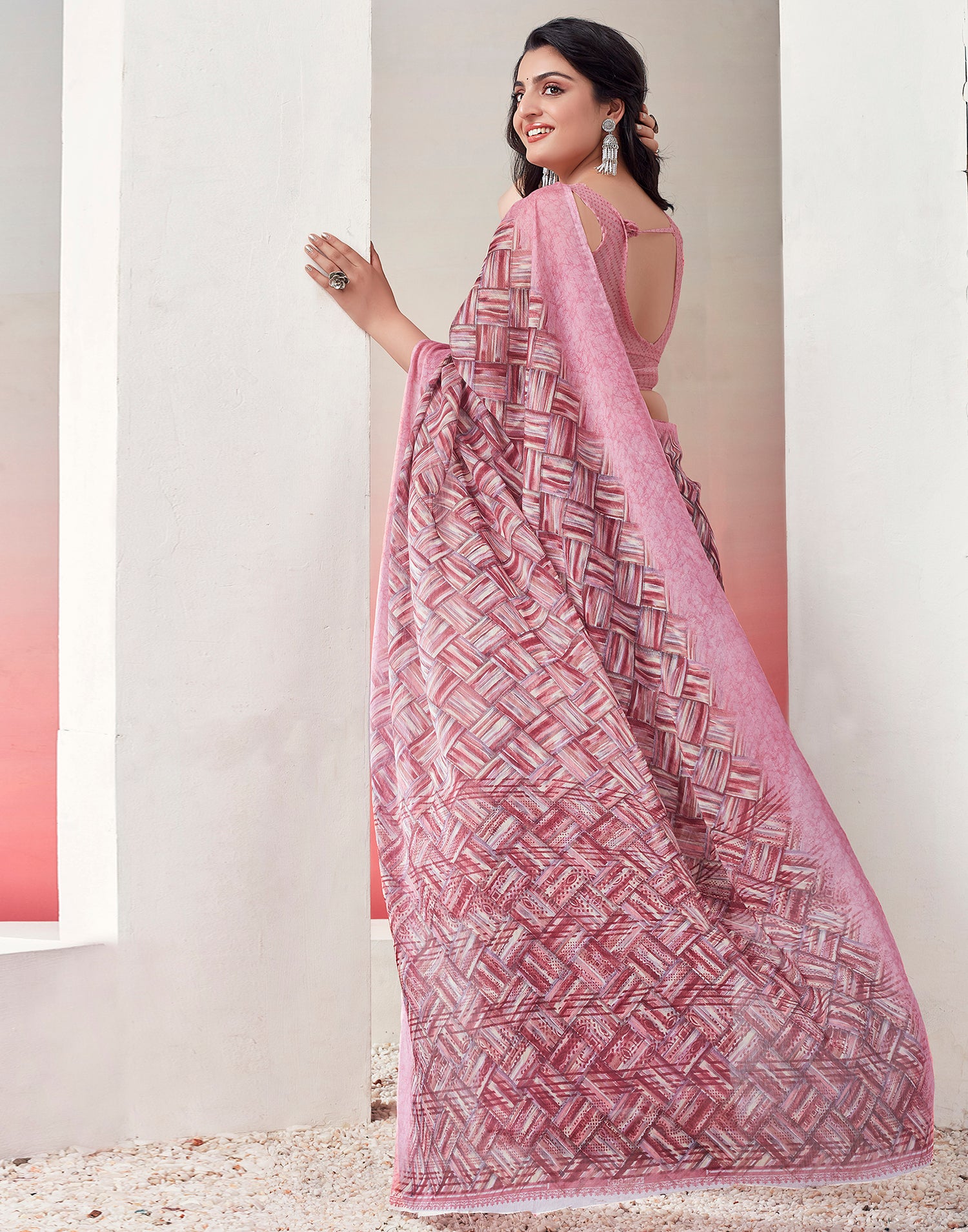 Light Pink Chiffon Printed Saree