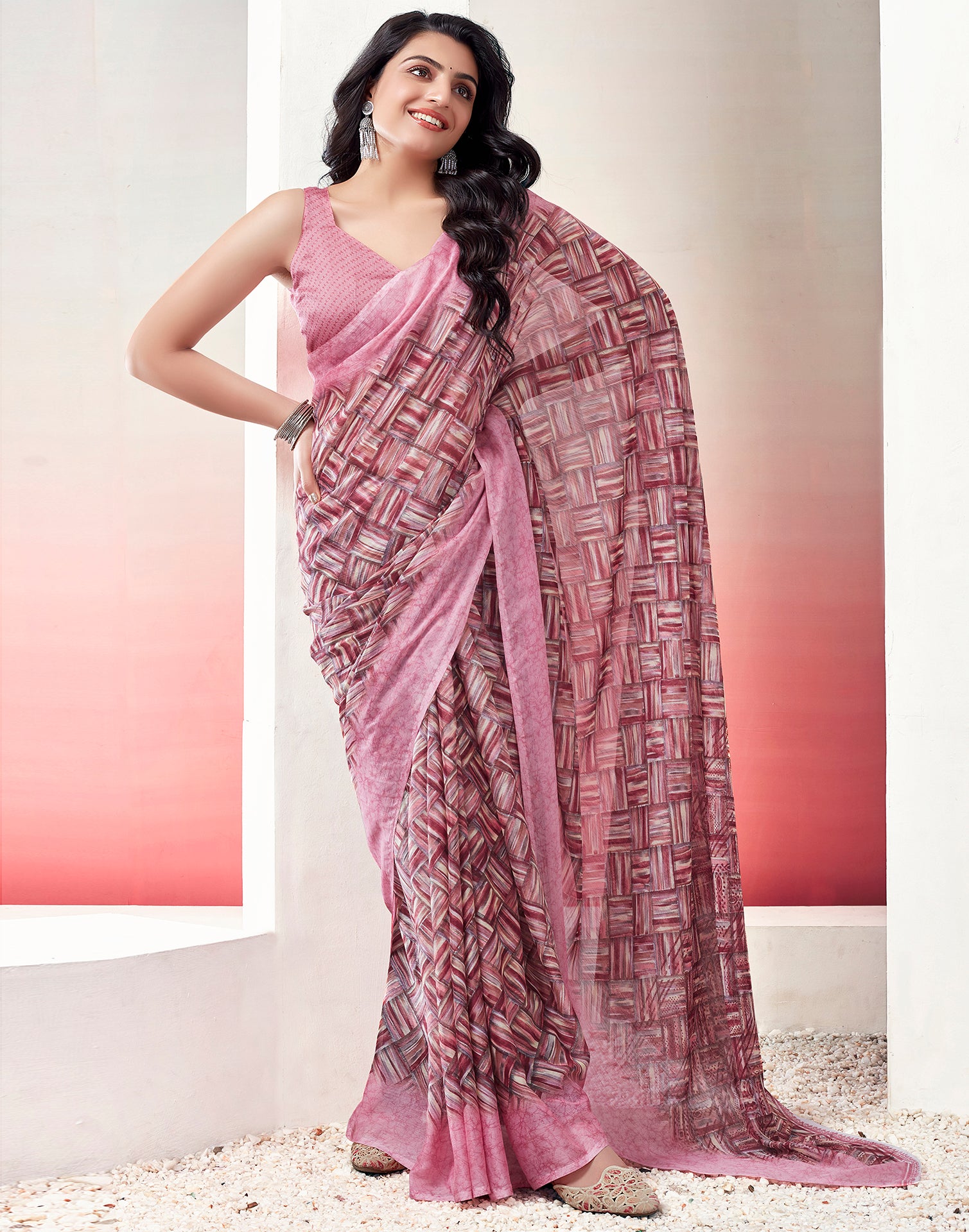 Light Pink Chiffon Printed Saree