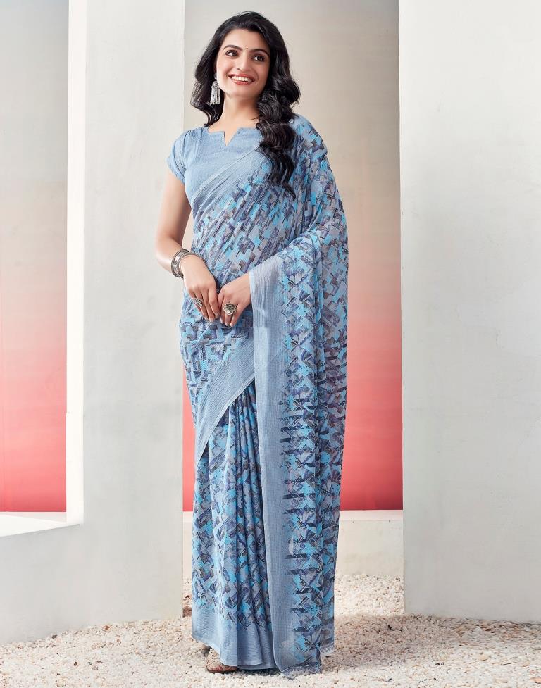 Light Grey &amp; Blue Chiffon Printed  Saree