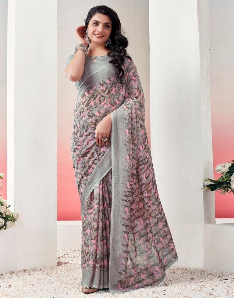 Light Brown &amp; Multicoloured Chiffon Printed  Saree