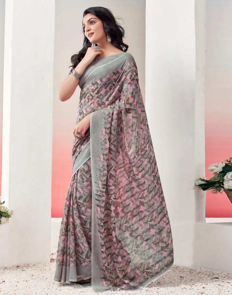 Light Brown &amp; Multicoloured Chiffon Printed  Saree