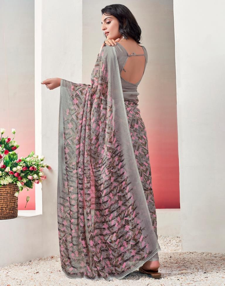 Light Brown &amp; Multicoloured Chiffon Printed  Saree