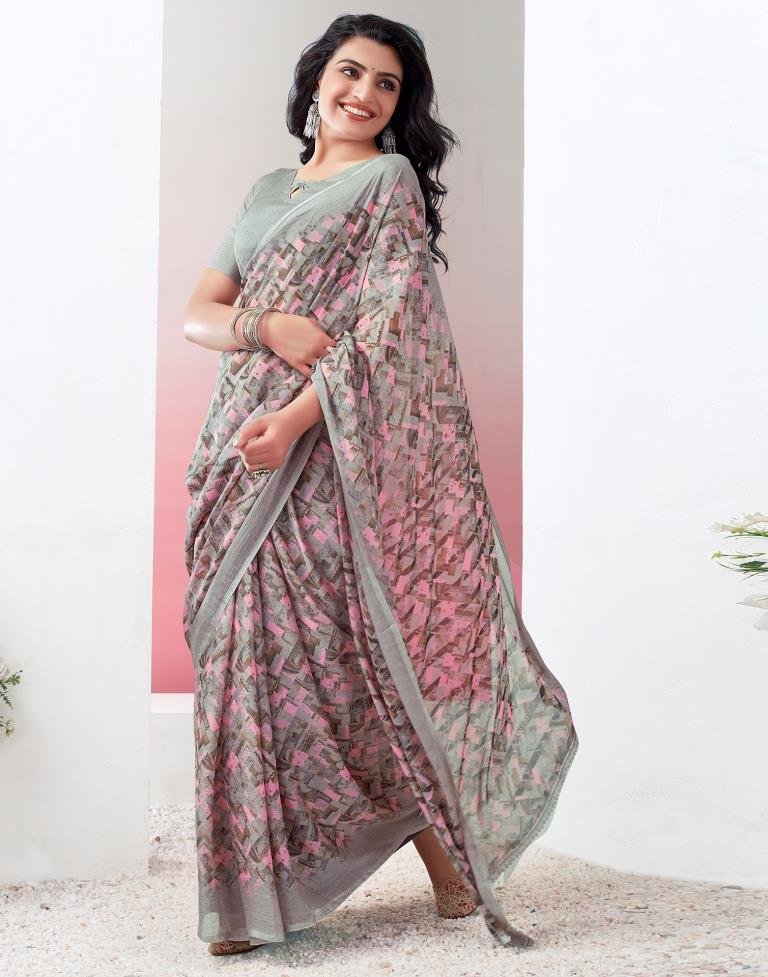 Light Brown &amp; Multicoloured Chiffon Printed  Saree