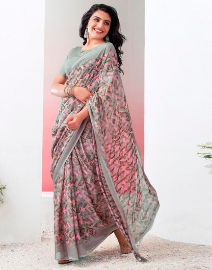 Light Brown &amp; Multicoloured Chiffon Printed  Saree