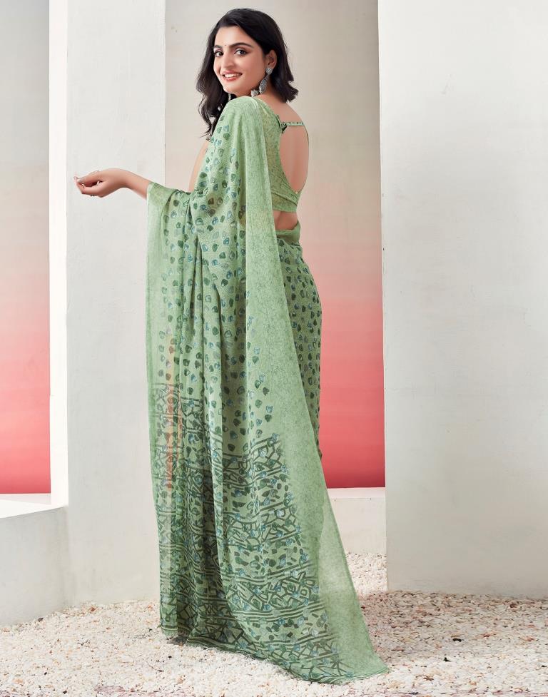 Light Green Chiffon Printed  Saree