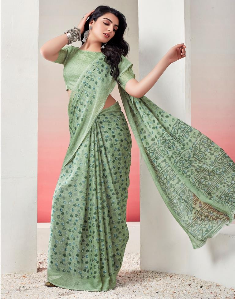 Light Green Chiffon Printed  Saree