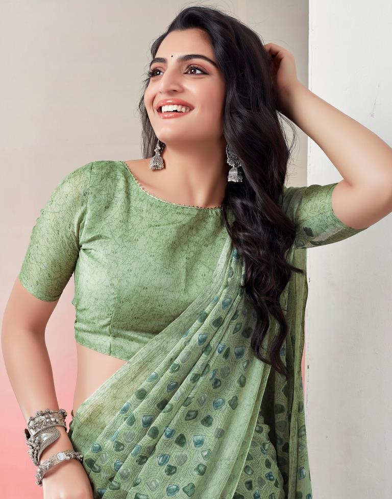 Light Green Chiffon Printed  Saree