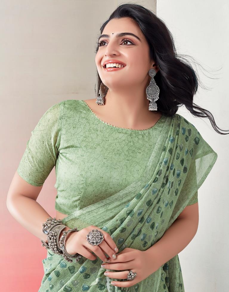 Light Green Chiffon Printed  Saree