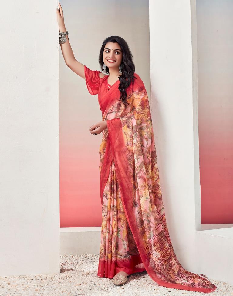 Red Chiffon Printed  Saree