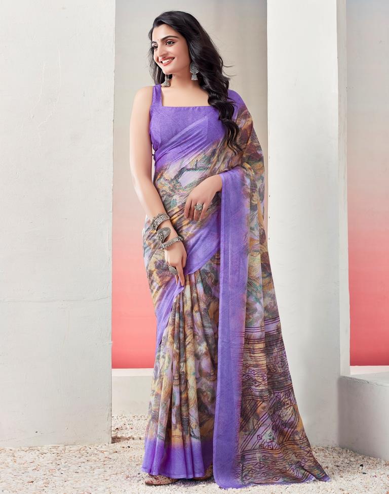 Light Violet Chiffon Printed  Saree