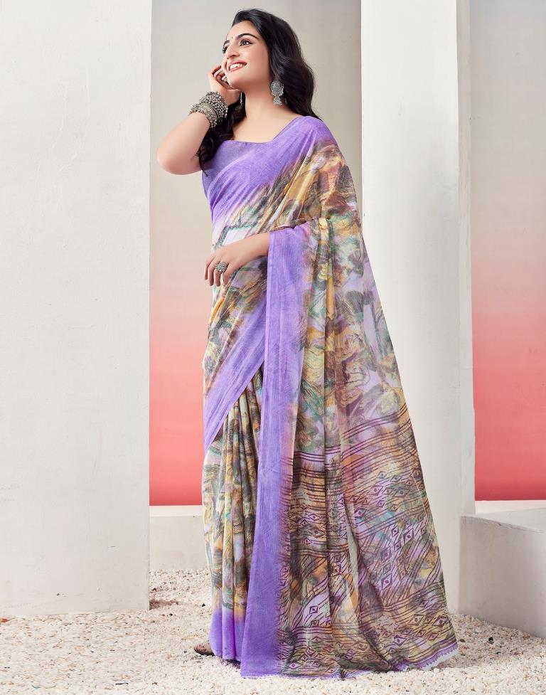 Light Violet Chiffon Printed  Saree