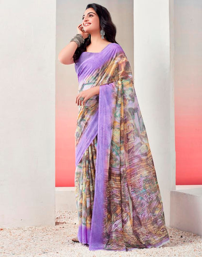 Light Violet Chiffon Printed  Saree