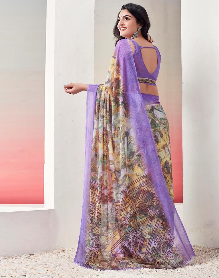 Light Violet Chiffon Printed  Saree