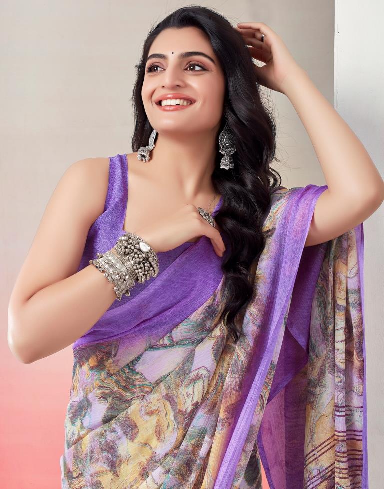 Light Violet Chiffon Printed  Saree