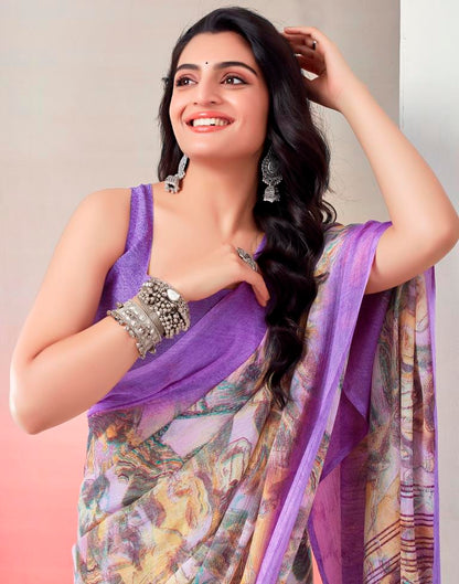 Light Violet Chiffon Printed  Saree