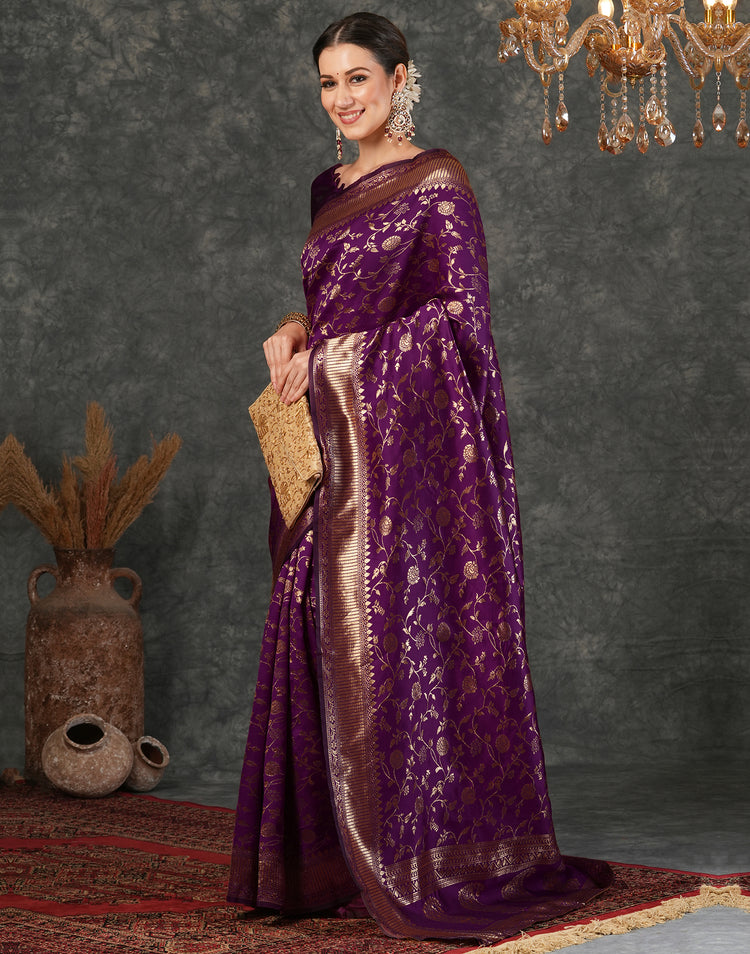 Dark Purple Silk Plain Banarasi Saree