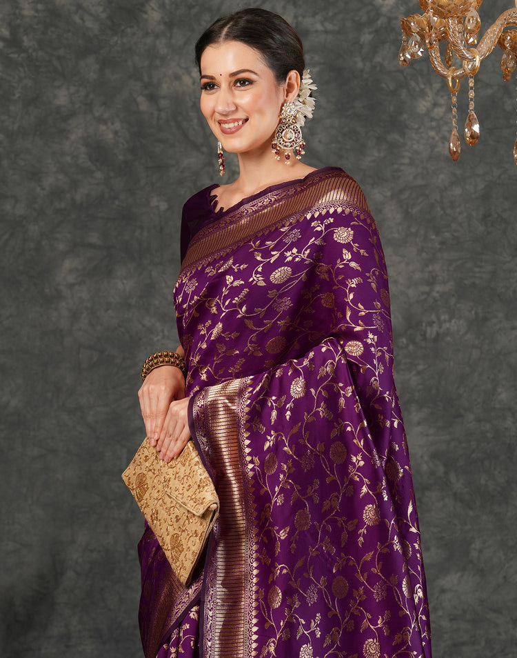 Dark Purple Silk Plain Banarasi Saree