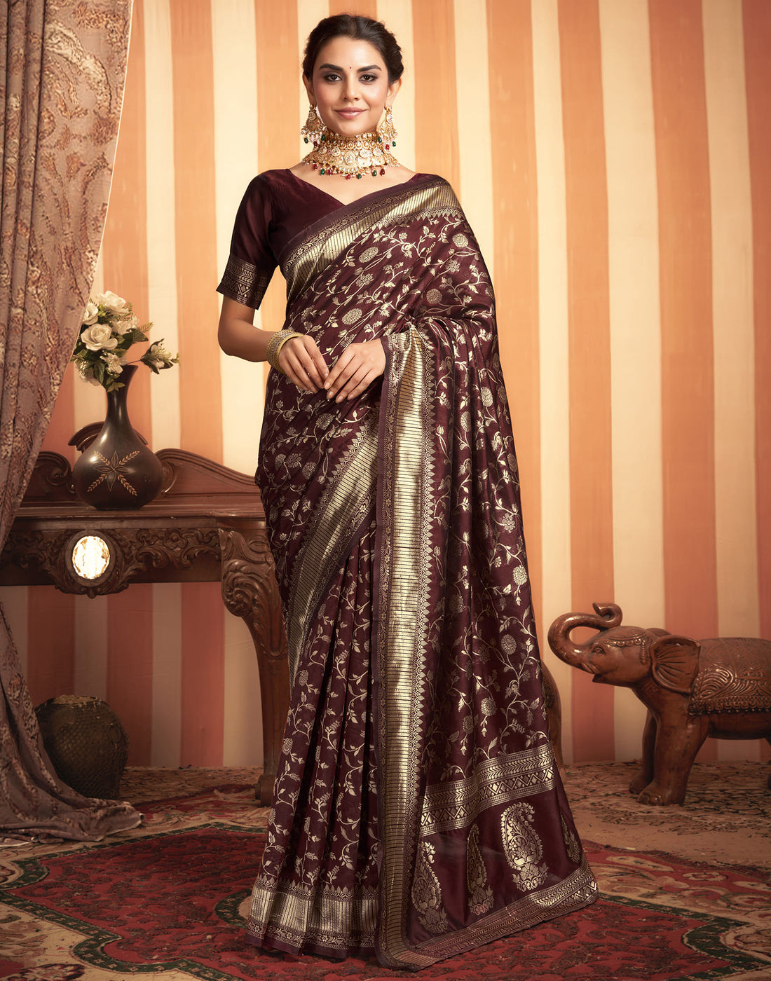 Dark Maroon Banarasi Silk Saree