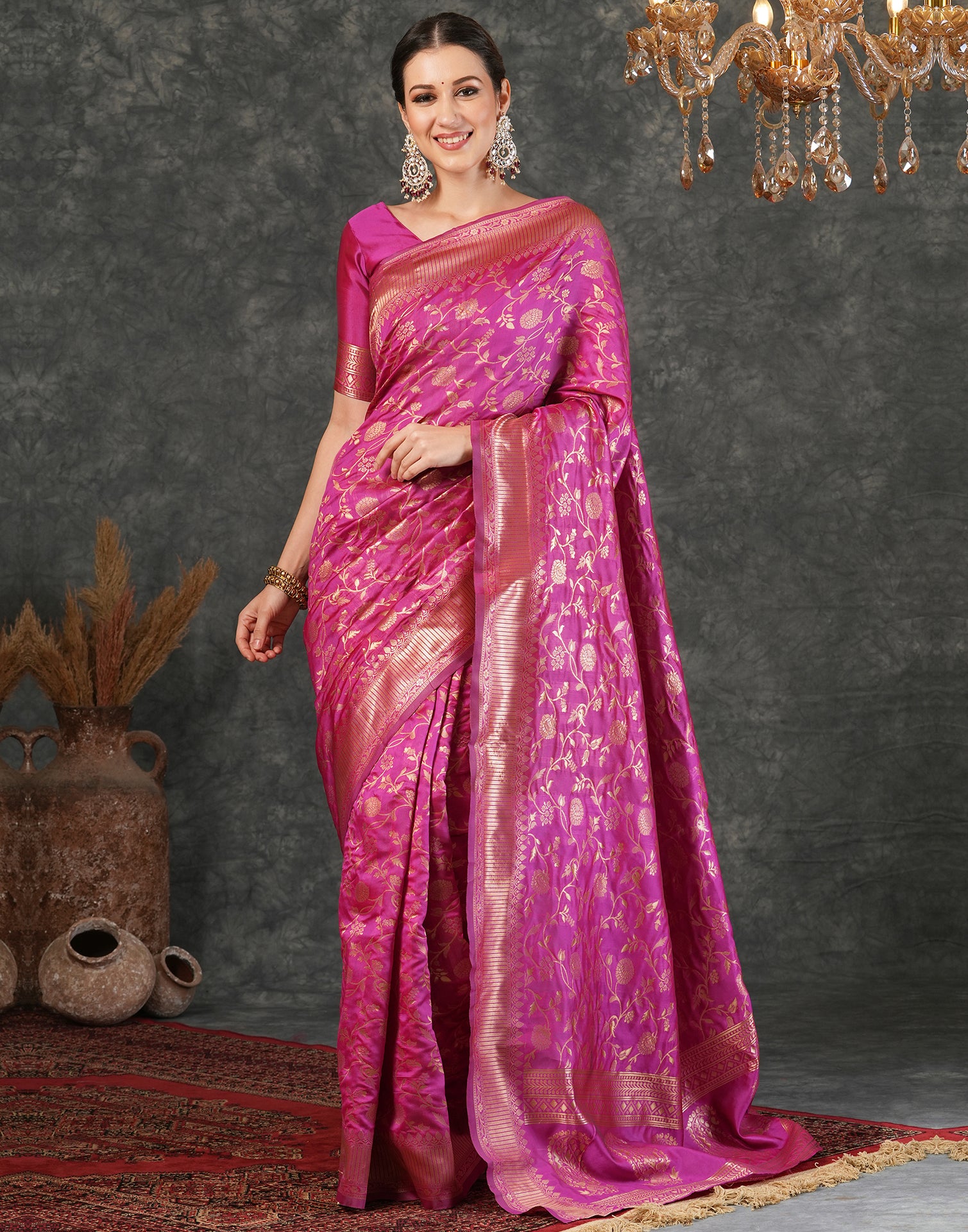 Rani Pink Silk Plain Saree