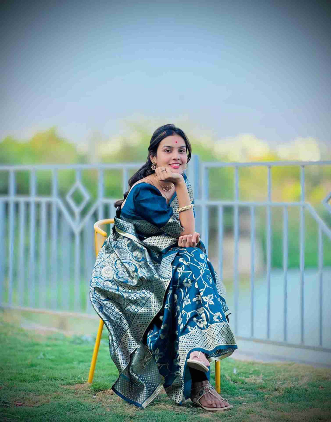 Rama Colour Floral Banarasi Silk Saree