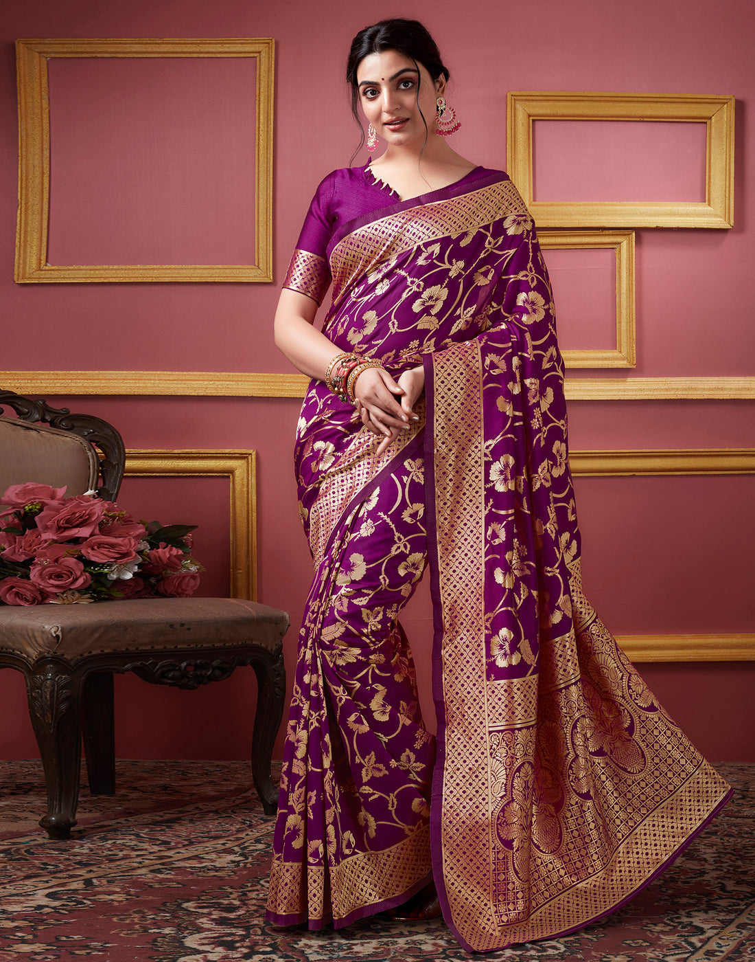 Dark Magenta Floral Banarasi Silk Saree