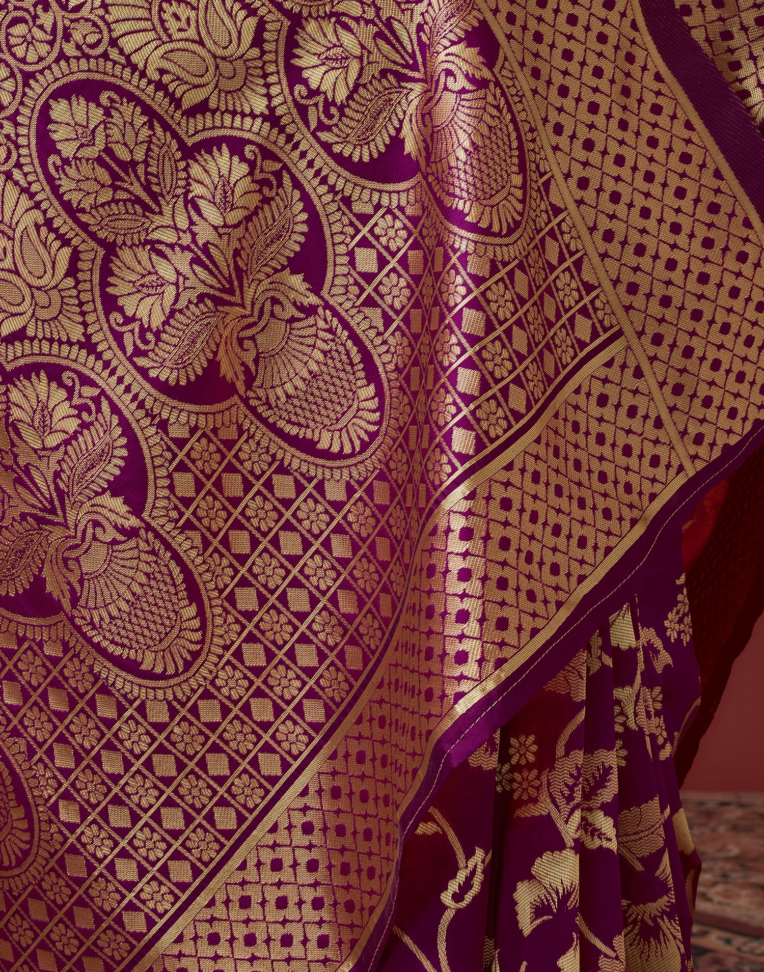 Dark Magenta Floral Banarasi Silk Saree