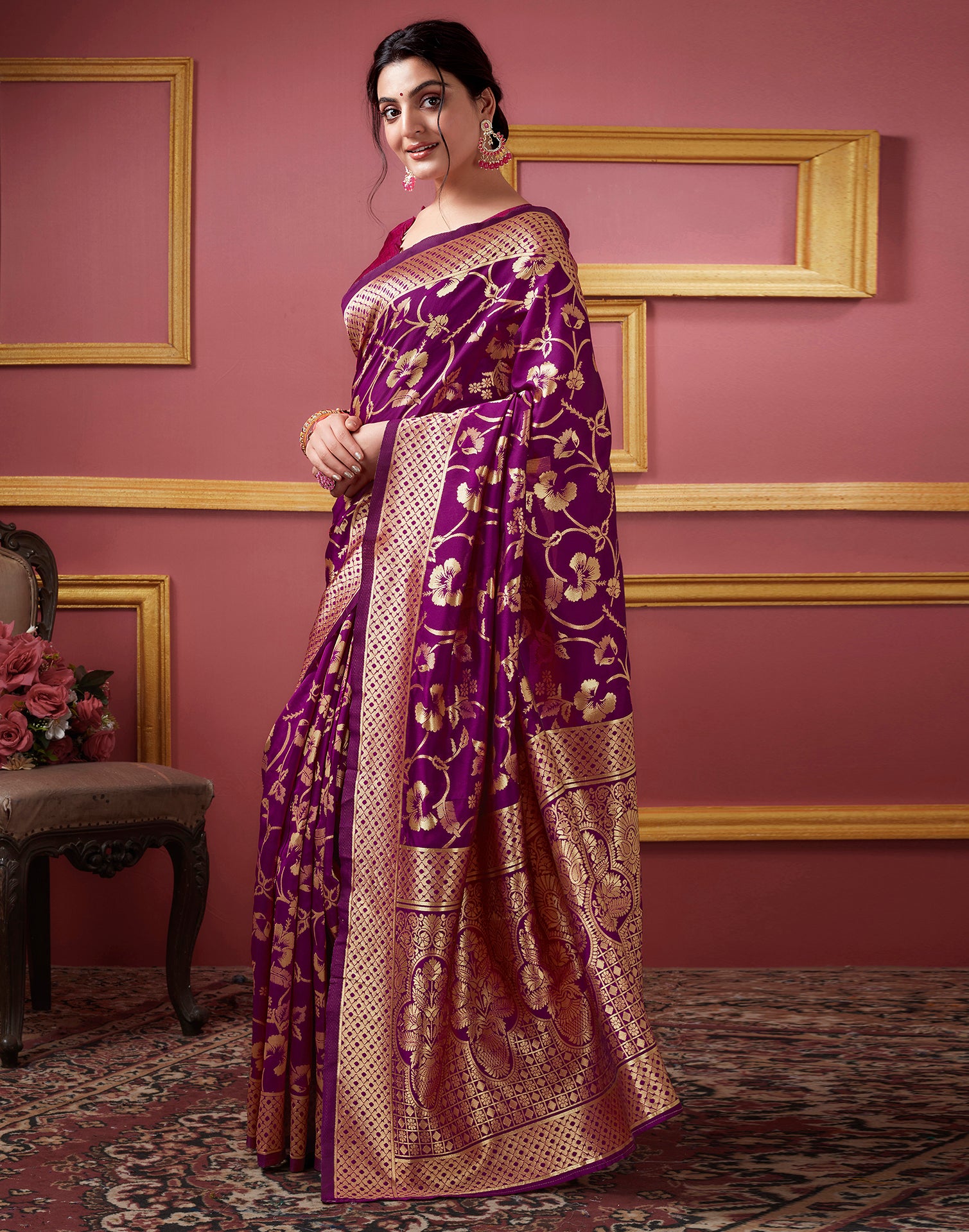 Dark Magenta Floral Banarasi Silk Saree Sudathi