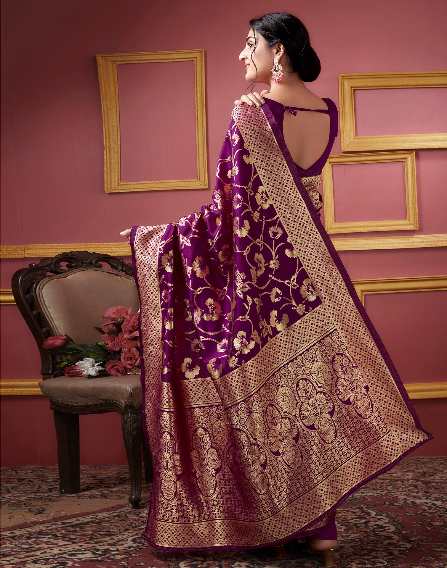 Dark Magenta Floral Banarasi Silk Saree