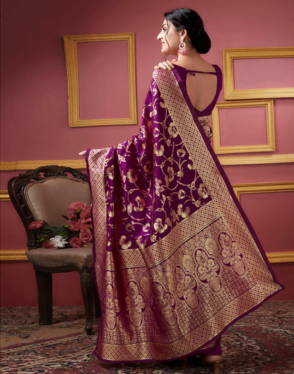 Dark Magenta Floral Banarasi Silk Saree