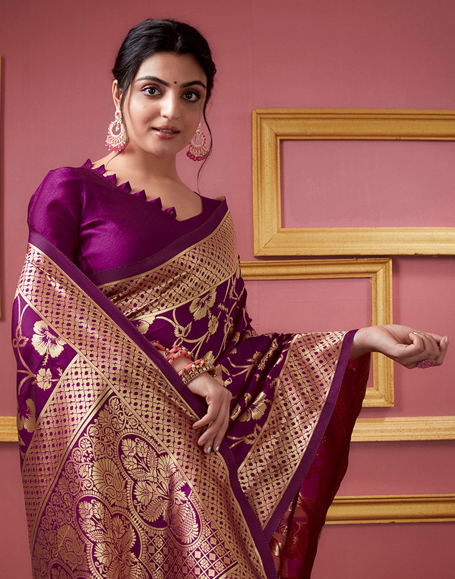 Dark Magenta Floral Banarasi Silk Saree