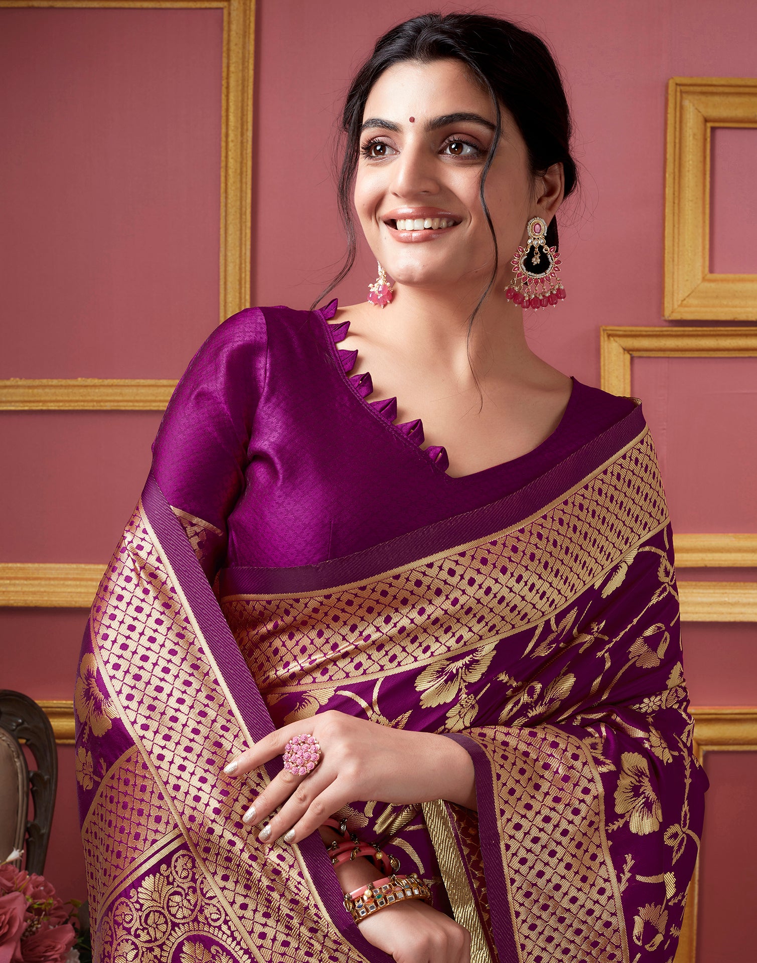 Dark Magenta Floral Banarasi Silk Saree