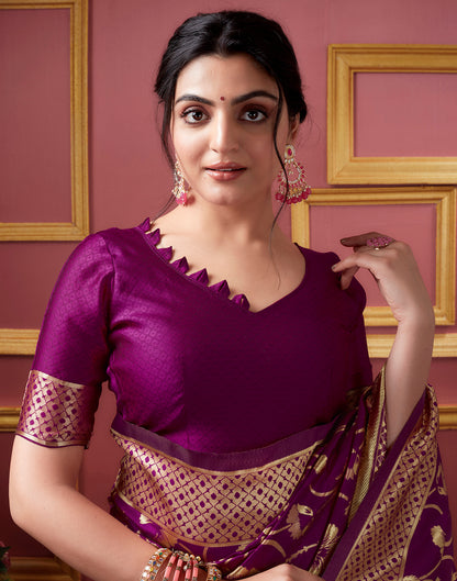 Dark Magenta Floral Banarasi Silk Saree