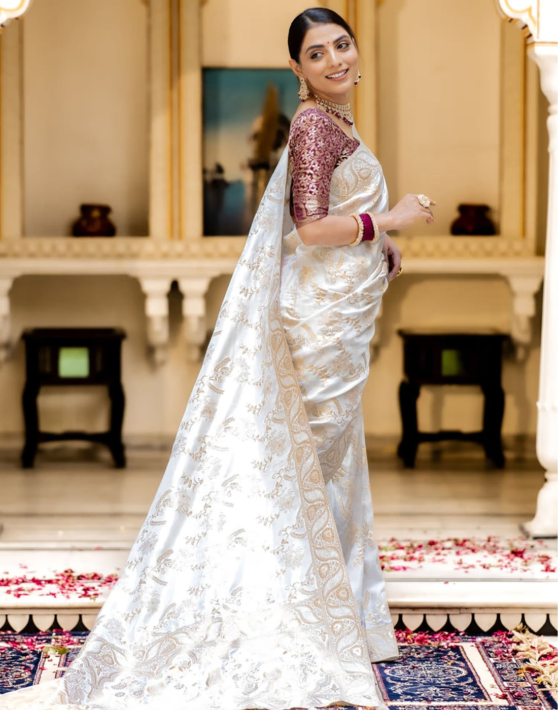 White Banarasi Silk Saree