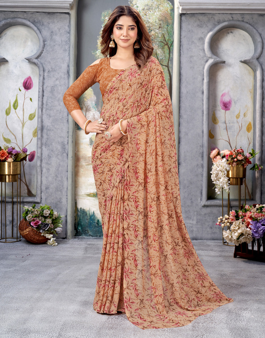 Light Orange Georgette Printed Saree