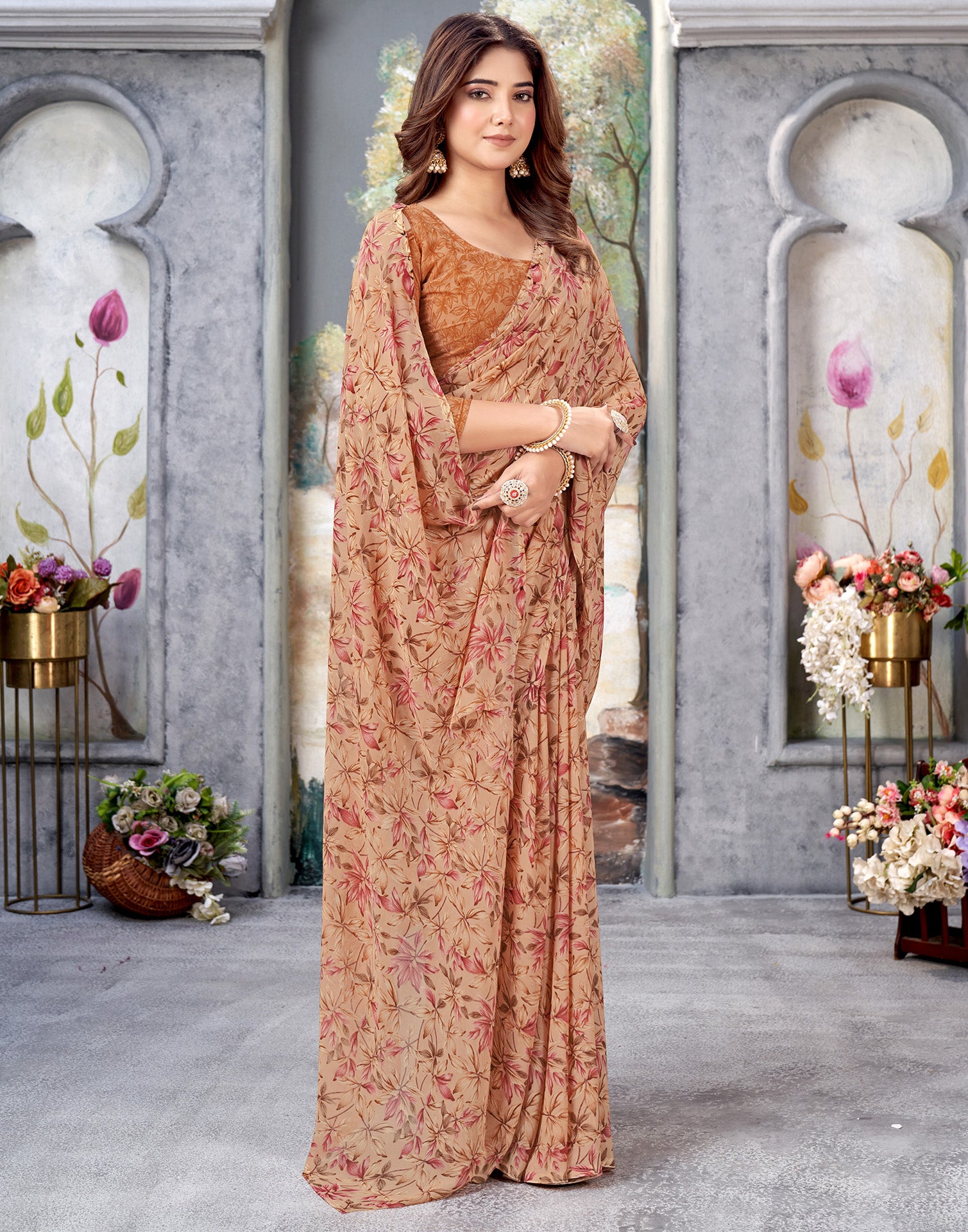 Light Orange Georgette Printed Saree