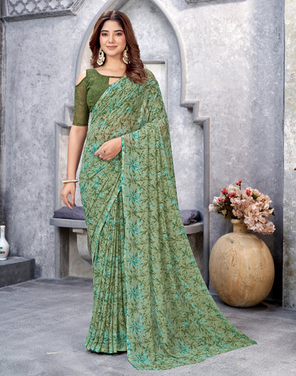 Dusty Green Georgette Printed Saree