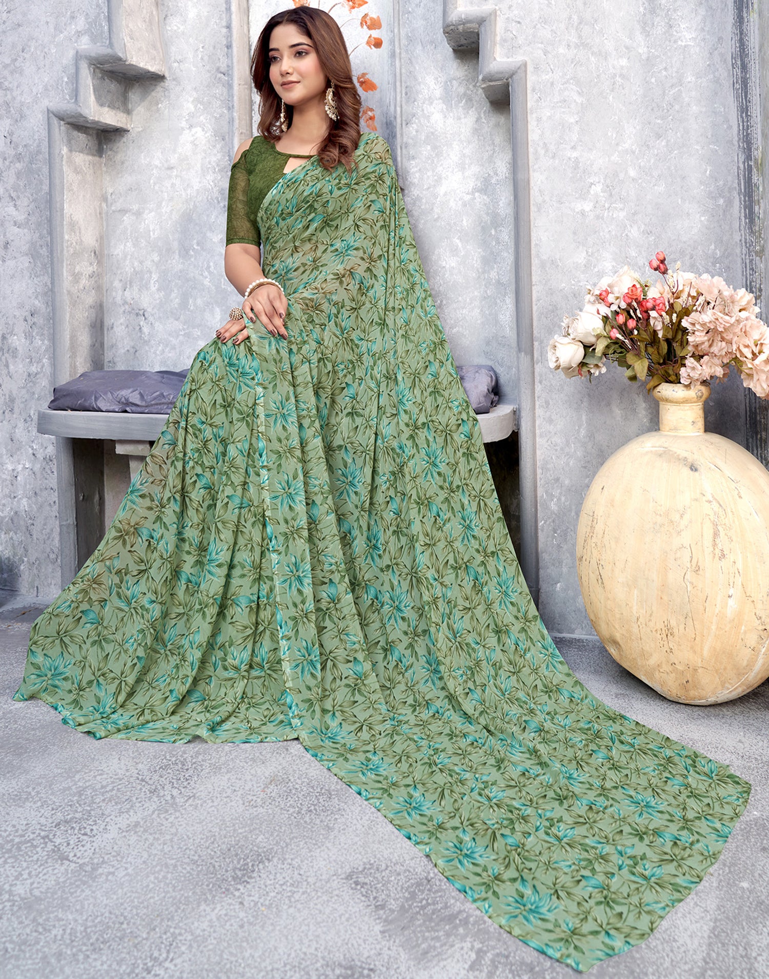 Dusty Green Georgette Printed Saree