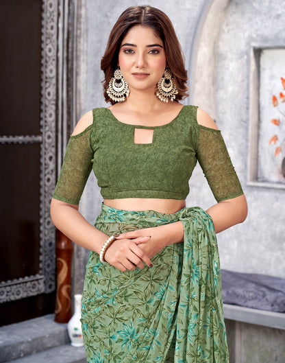 Dusty Green Georgette Printed Saree