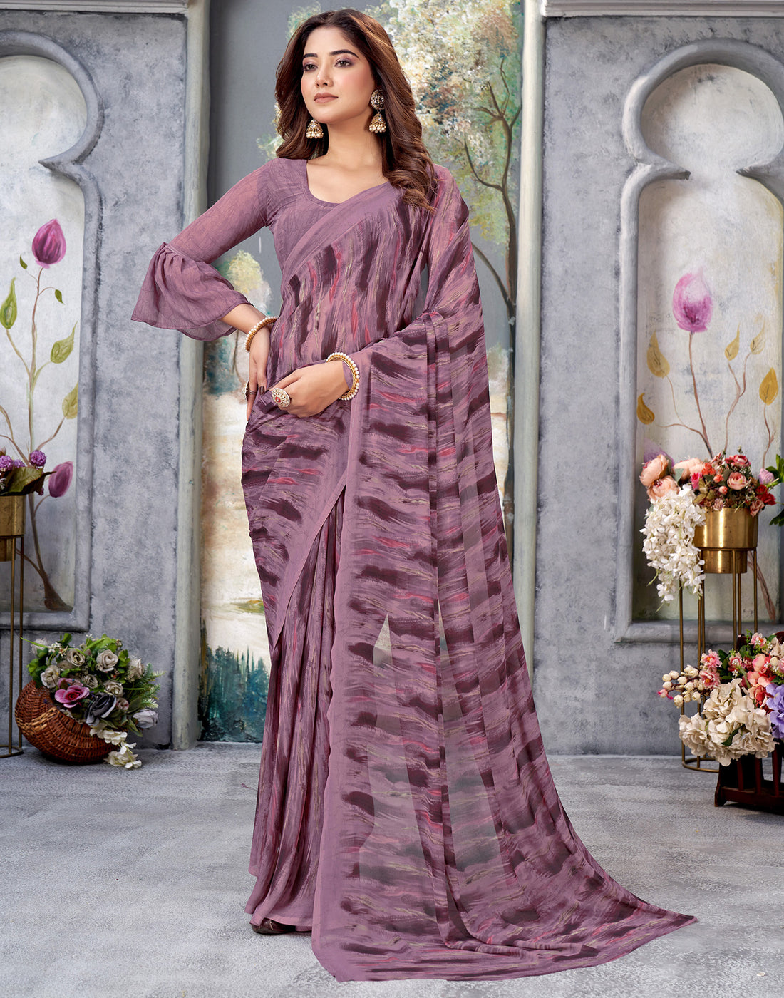 Dusty Purple Georgette Printed Saree