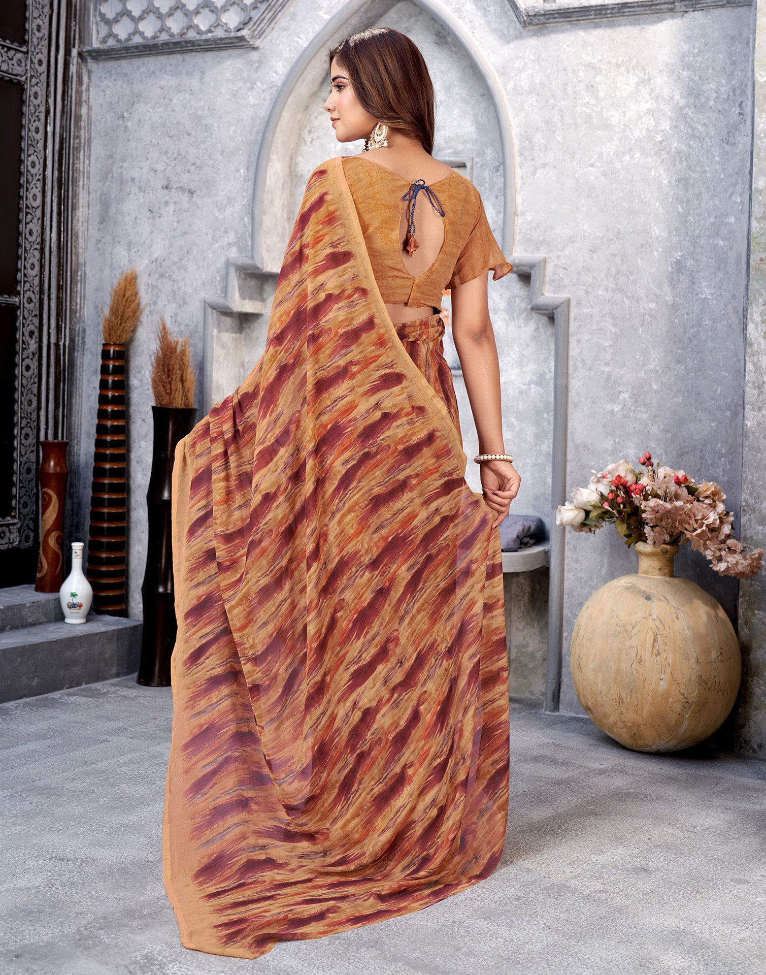 Light Orange Georgette Printed Saree