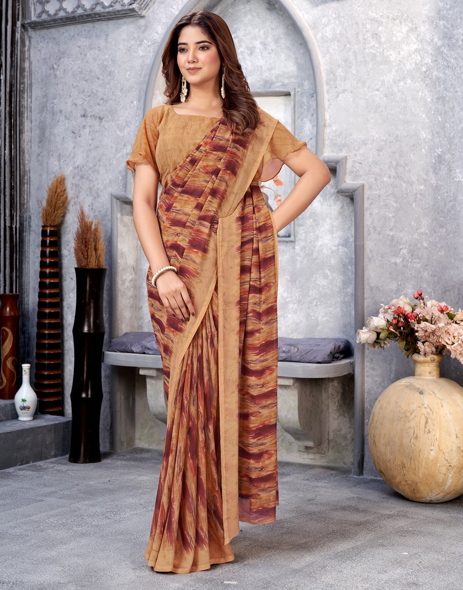 Light Orange Georgette Printed Saree