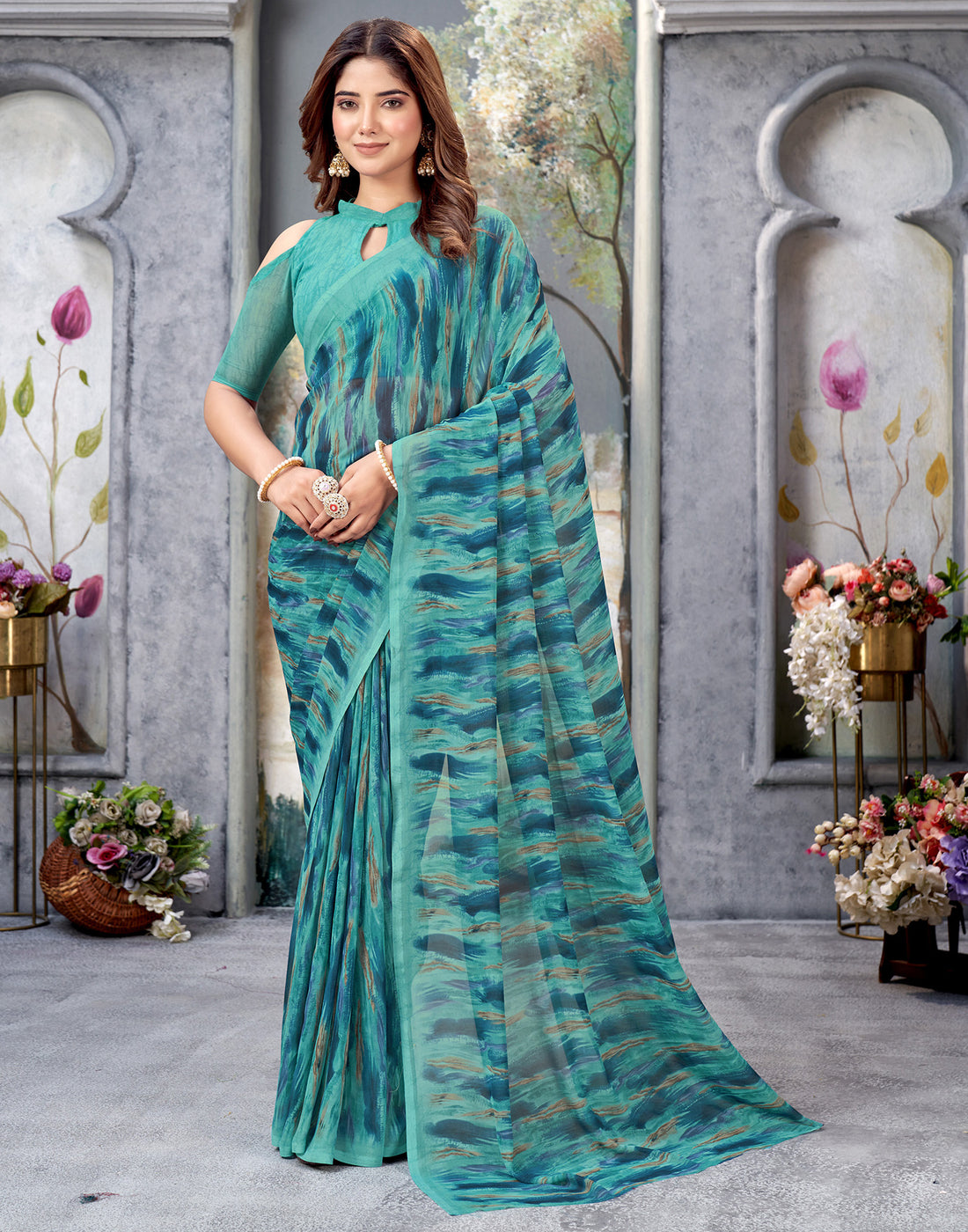 Turquoise Georgette Printed Saree