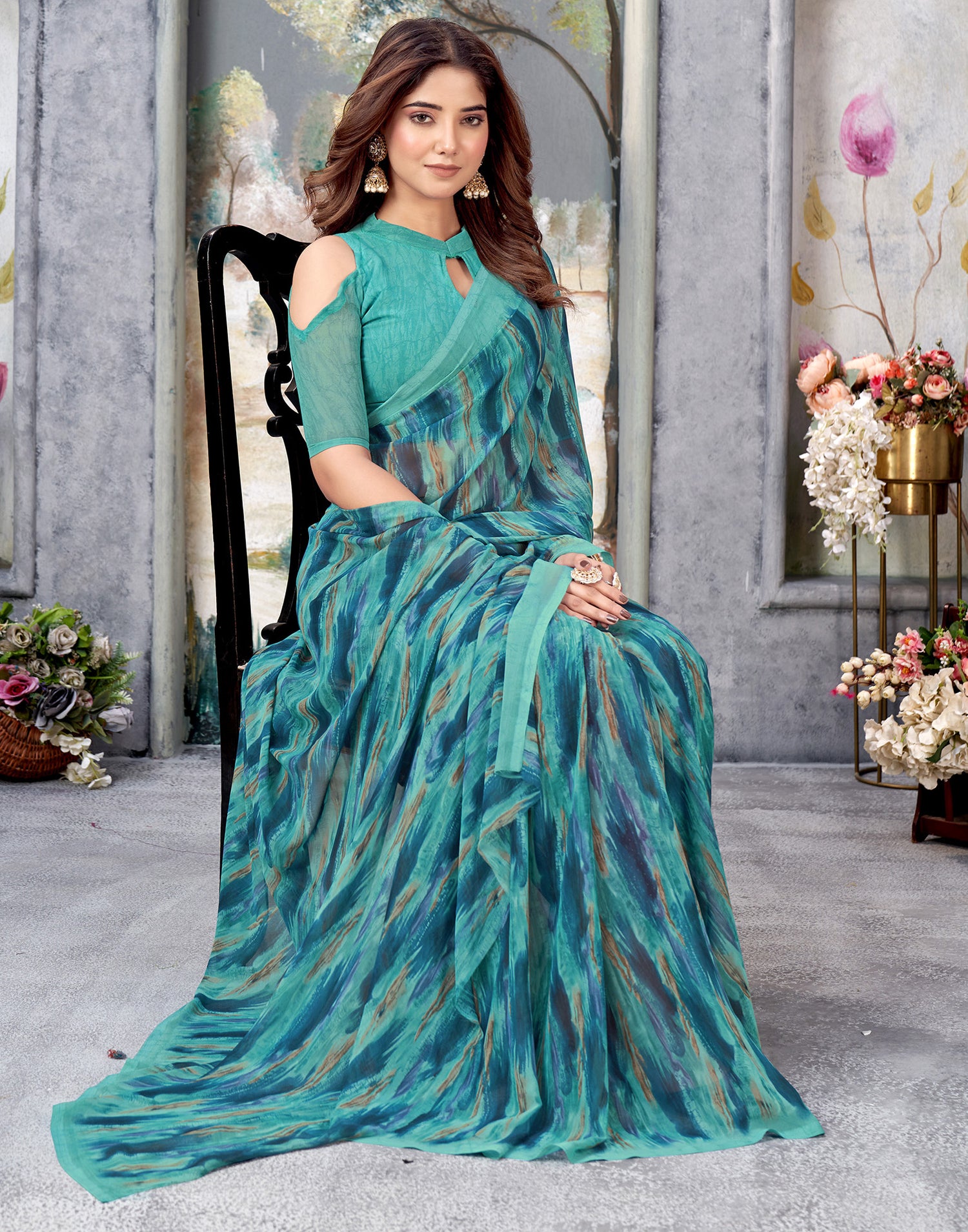 Turquoise Georgette Printed Saree