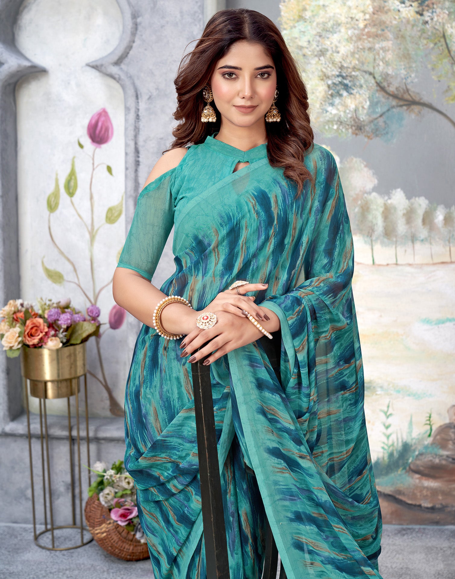 Turquoise Georgette Printed Saree